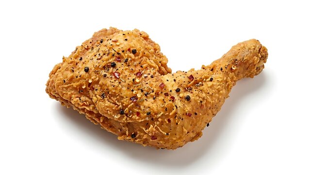 Crispy fried chicken leg quarter seasoned with herbs and black pepper isolated on white background