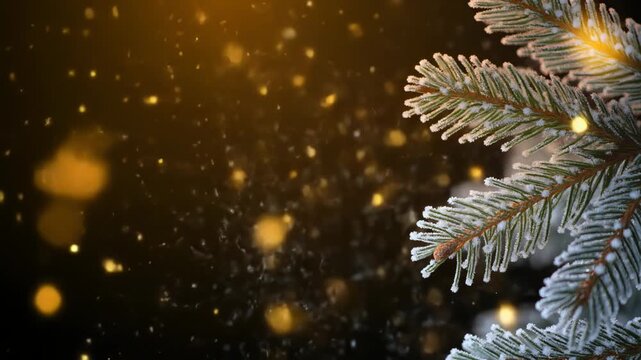 光の粒子をまとう霜降りの松の枝