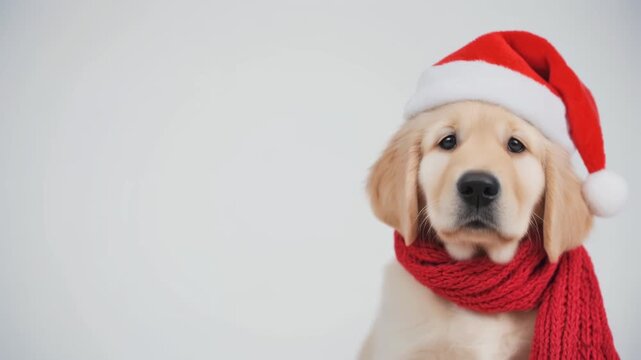サンタ帽とマフラーがかわいいゴールデンレトリバーの子犬