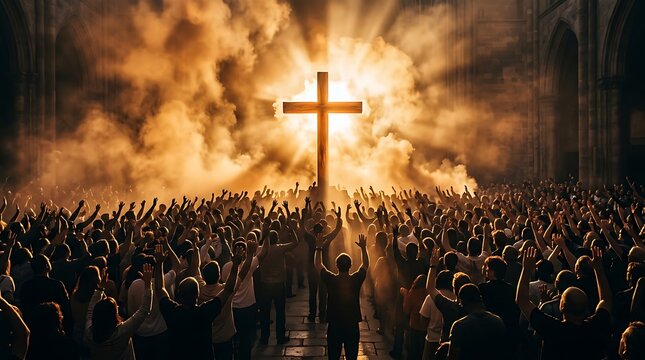 A glowing cross stands brightly amidst holy smoke while a large crowd of believers worship with hands raised high