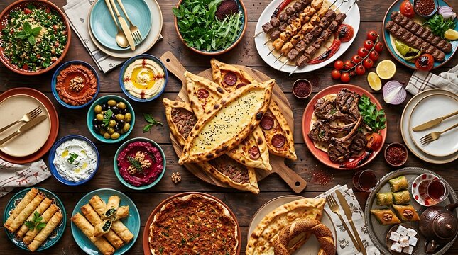 A lavish spread of traditional middle eastern dishes featuring kebabs hummus pide flatbreads salads and appetizers on a wooden table