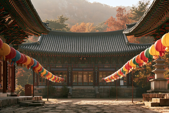 Korean temple hall with painted dancheong eaves and hanging paper lanterns