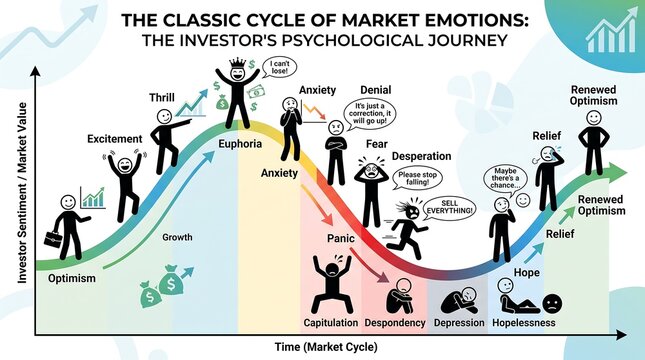 Classic cycle of market emotions infographic, investor psychological journey chart, stock market sentiment curve with stick figure characters