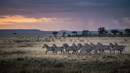 Fototapeta premium Zebra Migration at Dusk: A striking herd of zebras gallops across the African savanna at twilight, their iconic stripes a blur against the vast, muted landscape under a dramatic, cloud-filled sky.