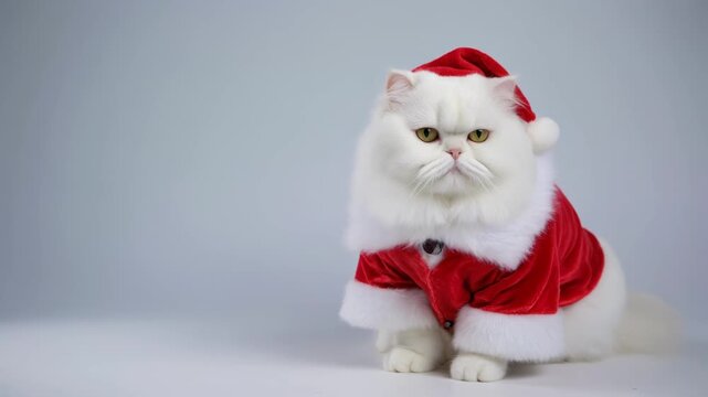 サンタケープをまとった白いペルシャ猫