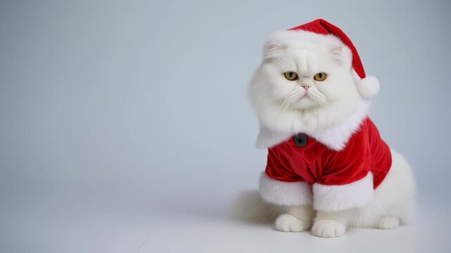 サンタケープをまとった白いペルシャ猫