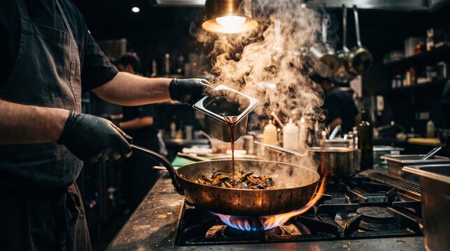 Culinary artist deglazes ingredients in a hot copper pan, creating a vibrant cloud of steam backlit by a warm overhead lamp.