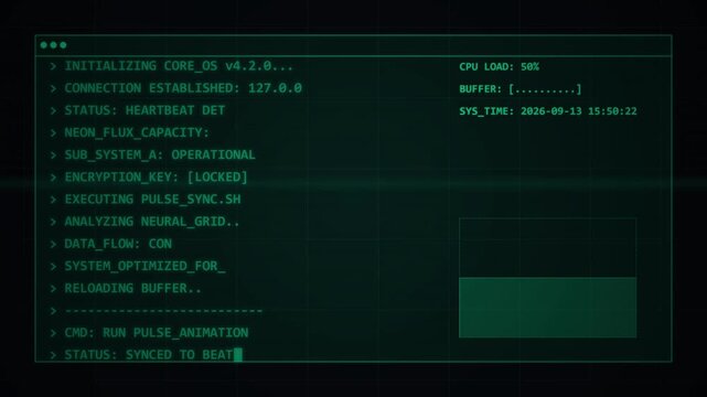 Green digital terminal screens displaying scrolling system data