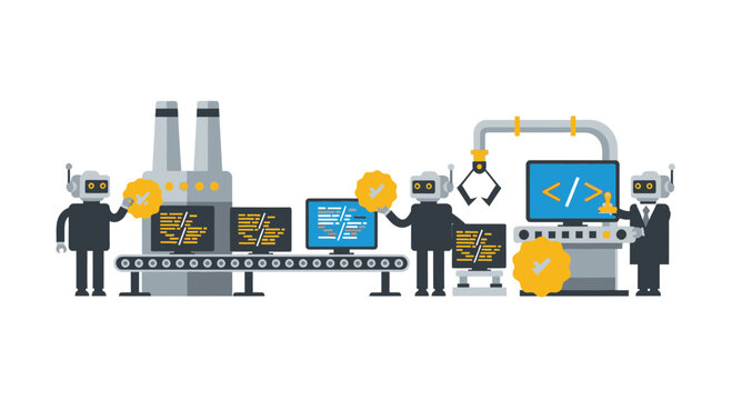 AI Robots in Automated Software Production Factory Illustration