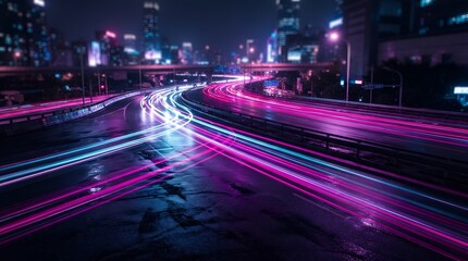 Fototapeta premium Long exposure night city highway traffic light trails with magenta and cyan glowing streaks