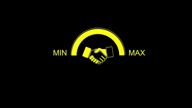 Yellow handshake gauge meter icon with min and max indicator on black background for business partnership trust and deal ,4k motion graphics animation video concept.
