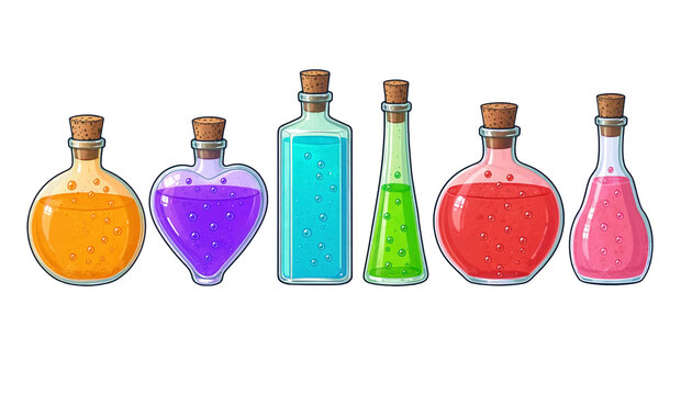 Various colorful liquid magic potion bottles in glass containers with potion bottle cork stopper colorful liquids