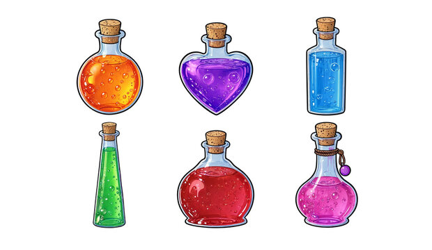 Collection of magical elixir glass bottles in various colors and shapes with potion bottle magic potion cork stopper