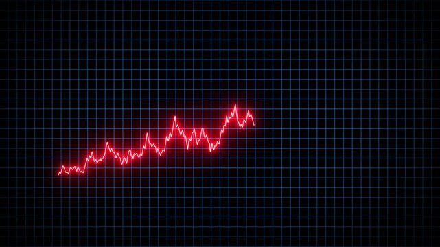 Glowing red neon stock market upward line chart on blue digital grid background for financial trading business analysis and crypto , motion graphics animation of 4k video concept .