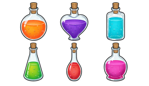 Collection of six different glass vessels with bright colorful potions magic potion glass bottle colorful liquid