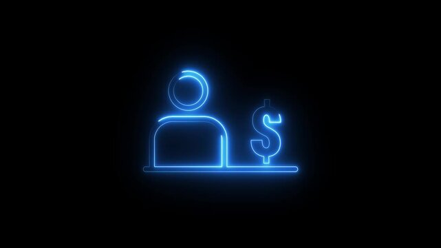 Neon blue business person with dollar sign icon glowing on dark background digital graphic