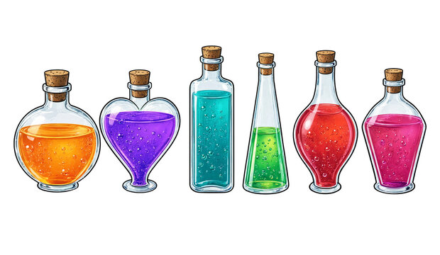 Row of six various glass bottles containing magic potions with magic potion glass bottle colorful liquid cork stopper