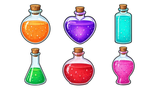 Collection of decorative fantasy potion bottles with liquids magic potion glass bottles colorful liquids fantasy art