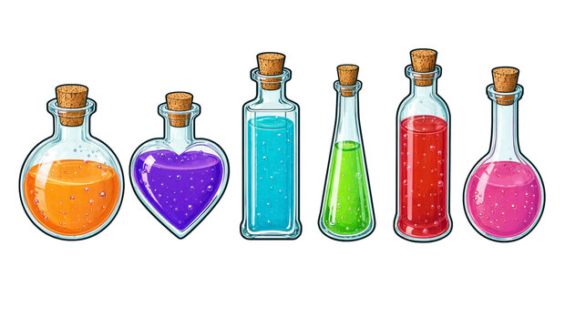 Set of colorful magic potion bottles with cork stoppers isolated on white background glass bottles colorful liquids