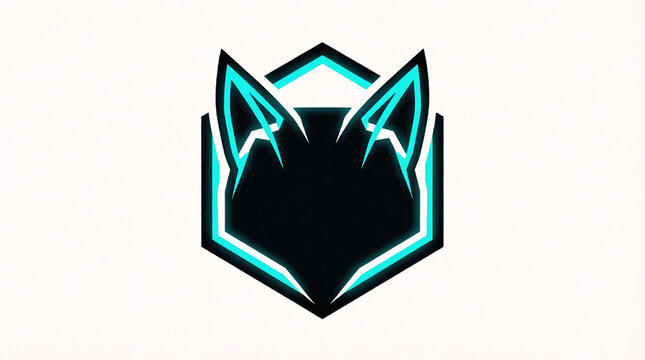 Modern neon wolf head emblem logo with glowing blue outlines inside a geometric hexagon shape isolated on white background