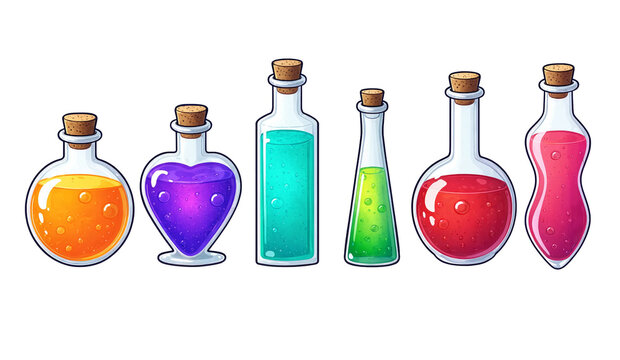Set of various magic potion vials and bottles with bright colorful contents glass bottles colorful liquids game asset