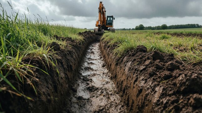Narrow muddy trench dug in rural field under cloudy sky. Yellow excavator works on construction site in green meadow. Heavy machinery prepares ground for infrastructure project drainage system in
