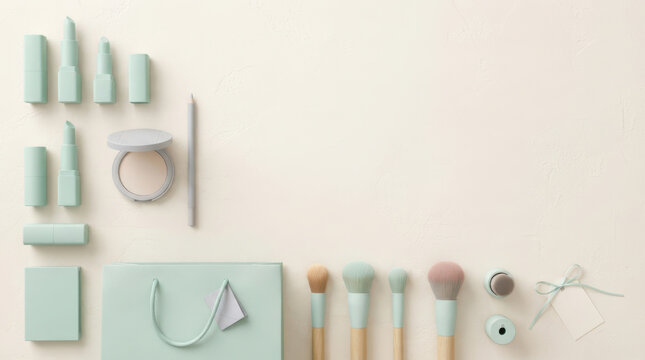 Aesthetic Makeup Collection: A serene flat lay showcasing an assortment of elegant pastel makeup products and brushes, arranged artfully on a soft, neutral background.
