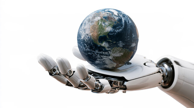 Robotic Hand Holding Planet Earth Isolated on White Background for Artificial Intelligence, Sustainability and Global Technology Concept