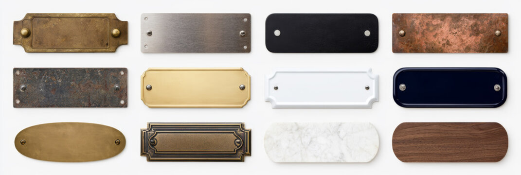 Blank Metal and Wooden Plaque Collection with Brass, Steel, Copper, Marble and Dark Signboards Isolated on White Background