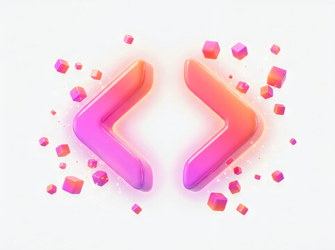 Code brackets symbol in gradient pink orange colors with floating cubes for modern software development technology icons.