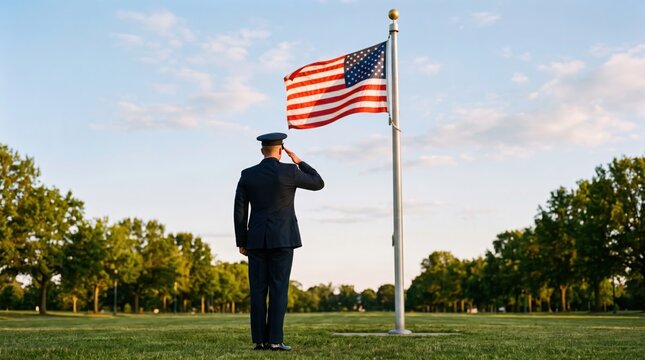 Soldier in dress uniform saluting a flag beside trees and blue sky