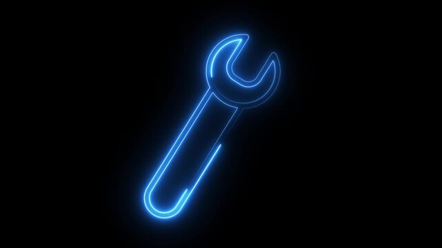 Neon wrench tool icon animation glowing bright blue light against solid black background video