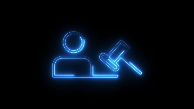 Neon blue judge gavel icon with person symbol glowing light effect against dark background video