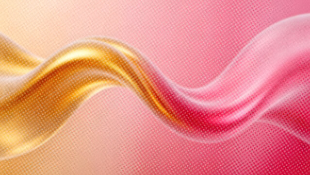 Elegant horizontal abstract backdrop featuring a smooth champagne gold and hot pink gradient ribbon wave with a vintage comic halftone dots texture on a soft pink surface.