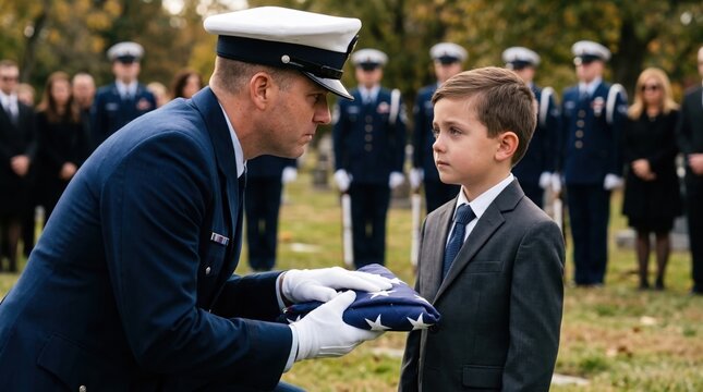Honor guard officer presenting a folded flag to a solemn young boy in a suit