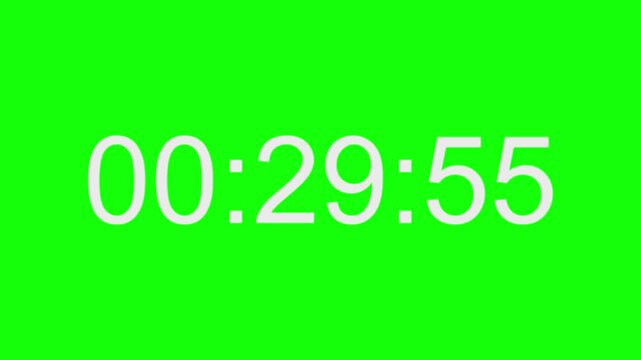 Digital clock display showing twenty nine minutes and fifty five seconds on a bright green background.