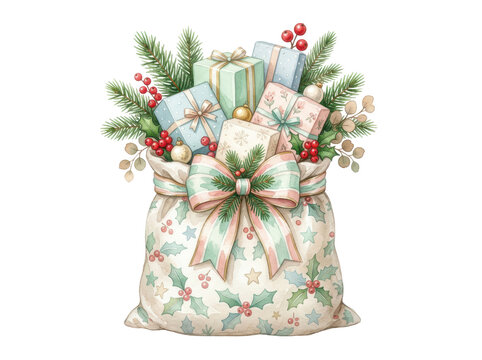 Christmas Sack of Gifts: A beautifully illustrated sack brimming with festive presents, decorated with holly, berries, and pine sprigs, evoking the spirit of holiday generosity and surprise.