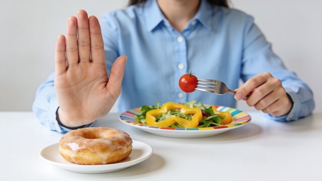 Woman rejecting unhealthy donut, choosing fresh salad for healthy diet