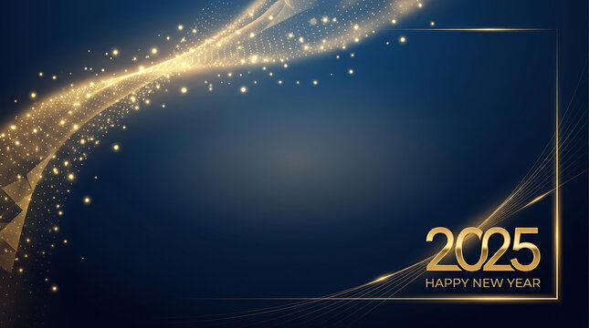 New year background features elegant gold typography and sparkling light particles against a dark blue gradient.
