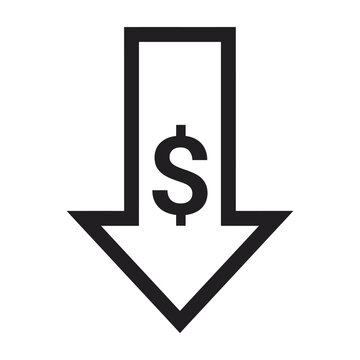 Black Dollar Arrow Down Icon Symbol For Financial Loss, Cost Reduction, And Economic Decline