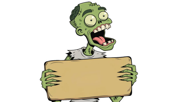Shocked green cartoon zombie holding blank wooden sign with character illustration creature halloween expression
