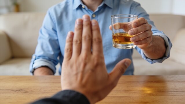 Man's hand refusing an alcoholic drink, symbolizing a healthy choice