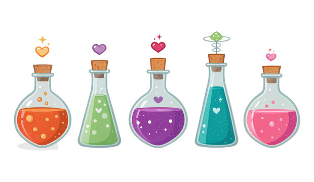Set of colorful magic potion bottles with heart shaped decorations glass bottle heart shape colorful liquids