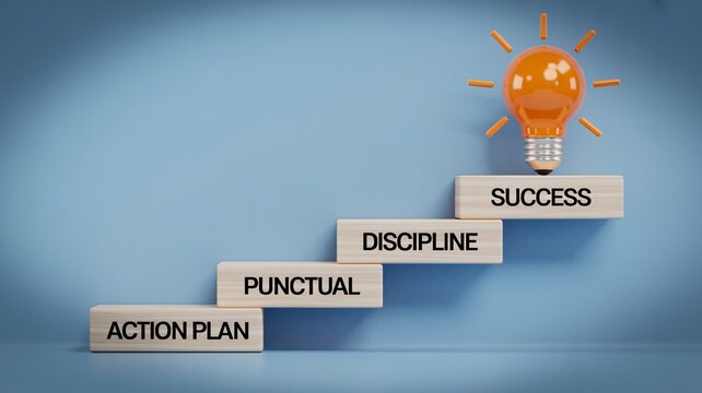 Conceptual path to success Wooden blocks illustrating action plan, punctuality, discipline, and success with a bright idea lightbulb
