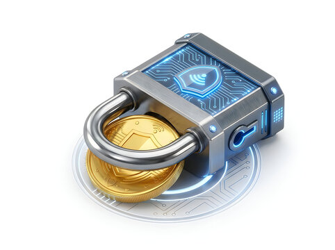 Digital security padlock with glowing circuit board shield icon locked over golden cryptocurrency coin for data safety.