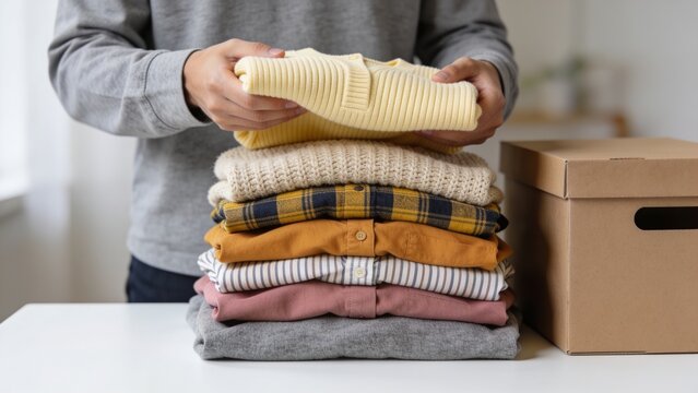 Hands folding and stacking clothes neatly on a table next to a cardboard box