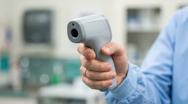 Medical worker holding digital infrared thermometer gun in clinic