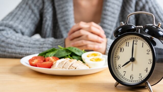 Healthy meal with alarm clock for intermittent fasting and diet planning