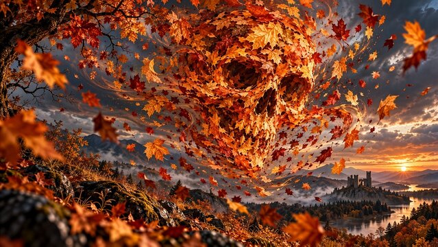 Autumn leaves forming a giant skull in the wind over a dramatic landscape, surreal Halloween concept