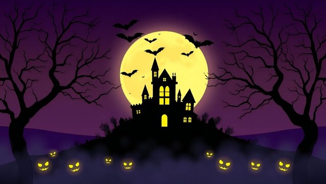 Pixel art haunted house with a large yellow moon and bats flying in a dark purple night sky